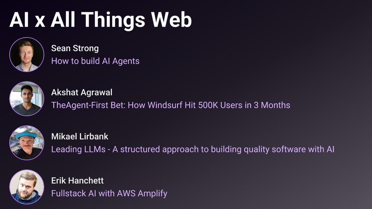 On April 3, we hosted a special AI x All Things Web event at the AWS GenAI Loft featuring four fantastic lightning talks from <a href="/sean_t_strong/">Sean Strong</a> (Anthropic), <a href="/akshatag77/">Akshat Agrawal</a> (Codeium), <a href="/MikaelLirbank/">Mikael Lirbank</a>, and <a href="/ErikCH/">Erik Hanchett</a> (AWS).

▶️ You can now watch the talks on YouTube!👇