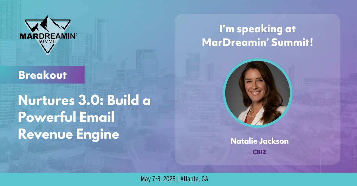 Join Natalie Jackson at MarDreamin' Summit for Nurtures 3.0: Build a Powerful Email Revenue Engine, and get the practical solutions for designing a sophisticated nurture strategy that engages your buyer groups and drives growth now and in the future.

mardreamin.com/summit-registr…