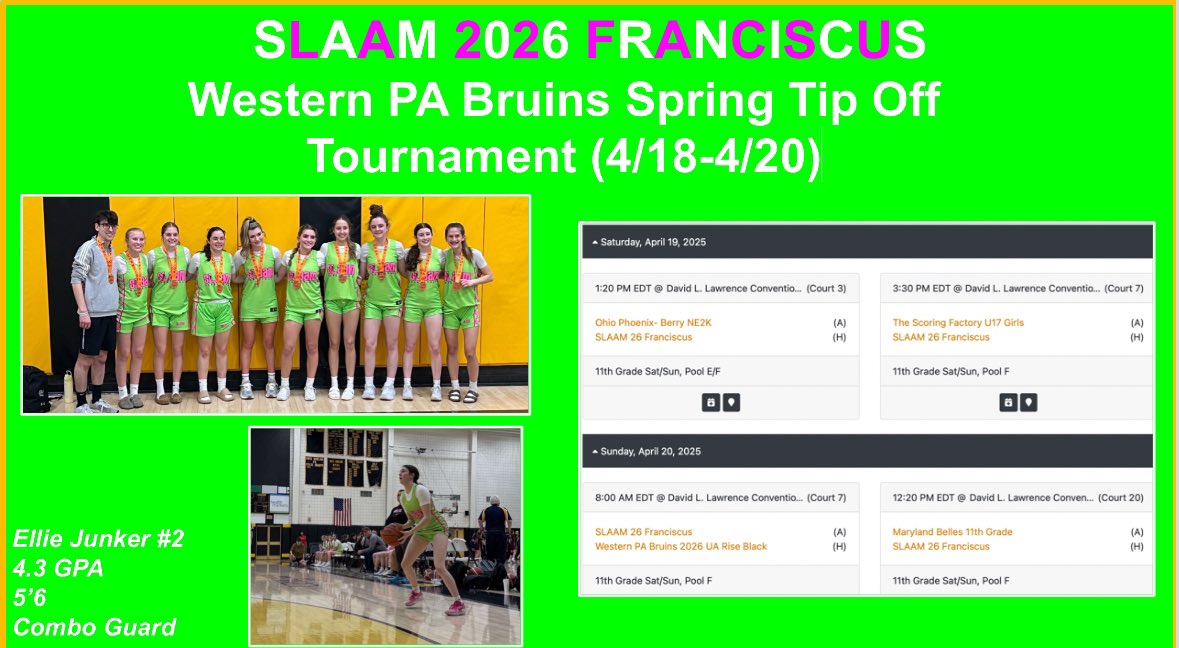 Come check out our team this weekend at the WPA Bruins Tip Off Tournament!

<a href="/SlaamFran26/">SLAAM 26 Franciscus</a> <a href="/SLAAMBASKETBALL/">slaambasketball</a>