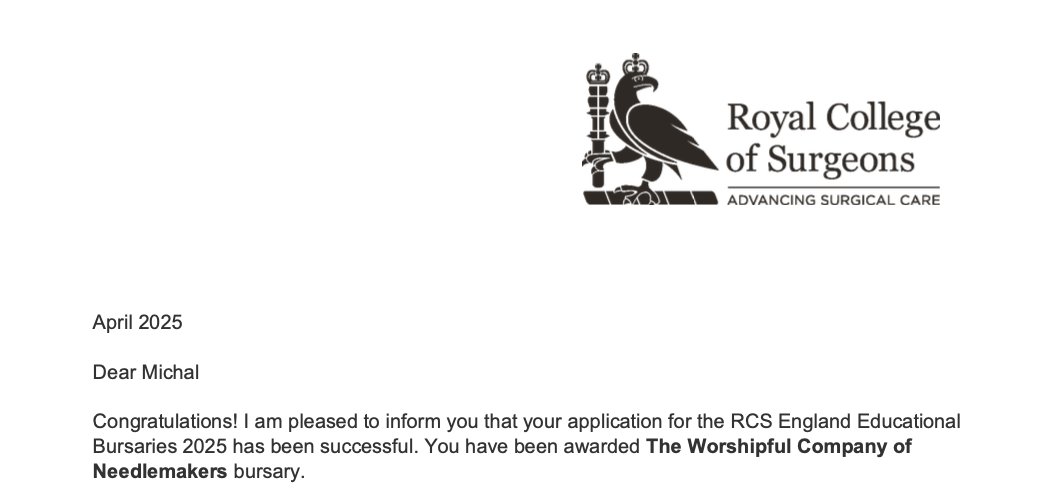 Delighted to have been awarded <a href="/RCSnews/">The Royal College of Surgeons of England</a> Needlemarkers Bursary and looking forward attend Care of the Critically Ill Surgical patient course later in the year to further my surgical skills!