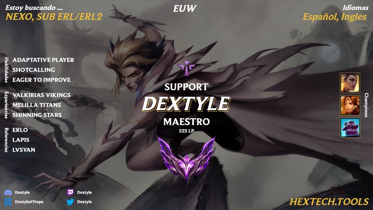 Sigo vinculado a Melilla Titans de cara a la parada de granada y relegations pero me gustaria explorar opciones para el siguiente split. 
Quiero seguir aprendiendo ya sea en liga nexo o como sub de ERL/ERL2  (se agradecen rts &lt;3)