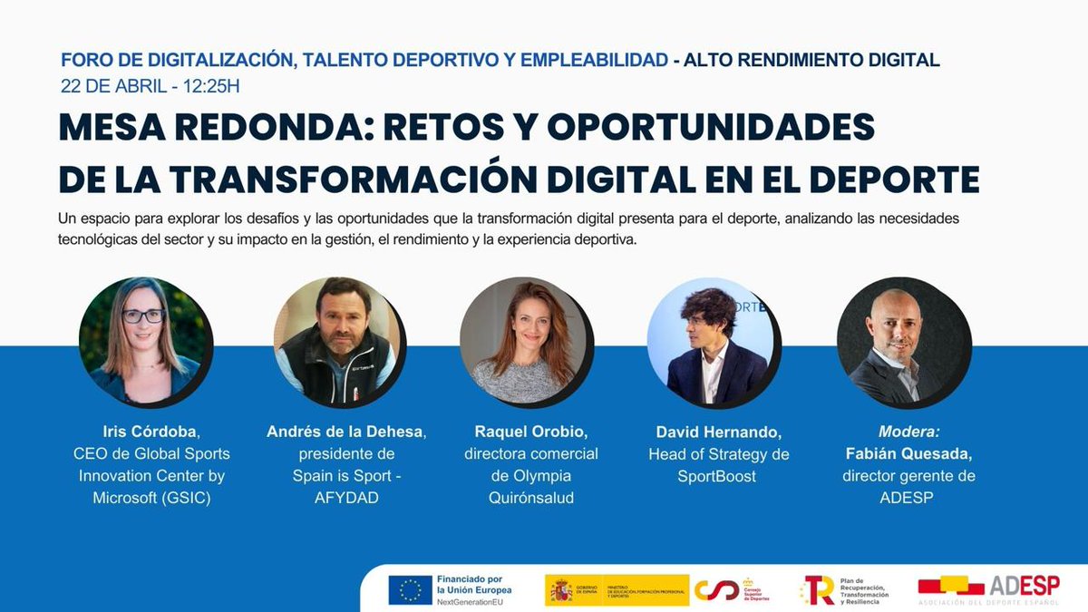 📅22 de abril: Foro de Digitalización, Talento Deportivo y Empleabilidad <a href="/urjc/">URJC</a>

🎤 Dos mesas redondas: 
✅ La digitalización y el futuro del talento deportivo.
✅ Retos y oportunidades de la transformación digital del deporte

🔗Coge tus entradas en: eventbrite.com/e/entradas-for…