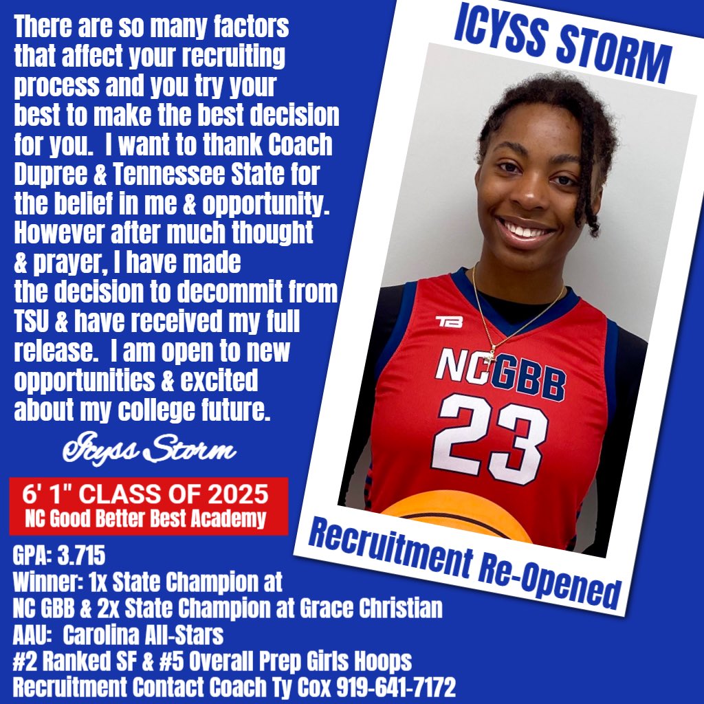 Icyss Storm (@icestorm_23) on Twitter photo There are so many factors that affect your recruiting process and you try your best to make the best decision for you. I want to thank coach Dupree & Tennessee State for the belief in me & opportunity. However after much thought & prayer, I have made the decision to decommit from There are so many factors that affect your recruiting process and you try your best to make the best decision for you. I want to thank coach Dupree & Tennessee State for the belief in me & opportunity. However after much thought & prayer, I have made the decision to decommit from