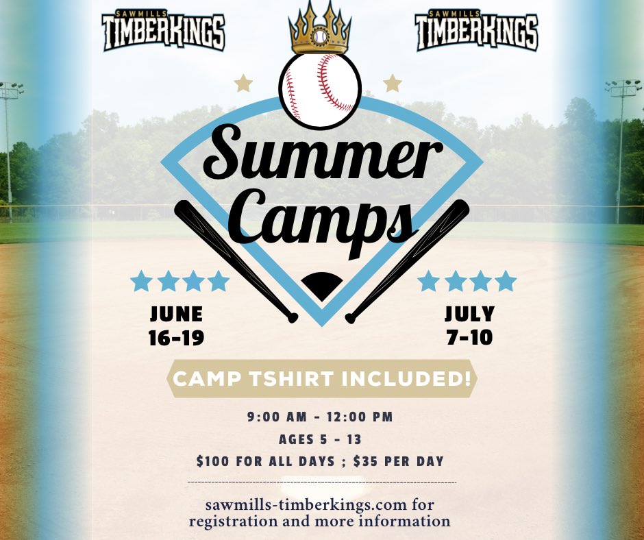Our Summer Camp Registration is now open!⚾️
We will be having TWO camps this summer that will be lead by the Timberkings coaching staff and players. Head over to our website for more information and to register! 👑

sawmills-timberkings.com