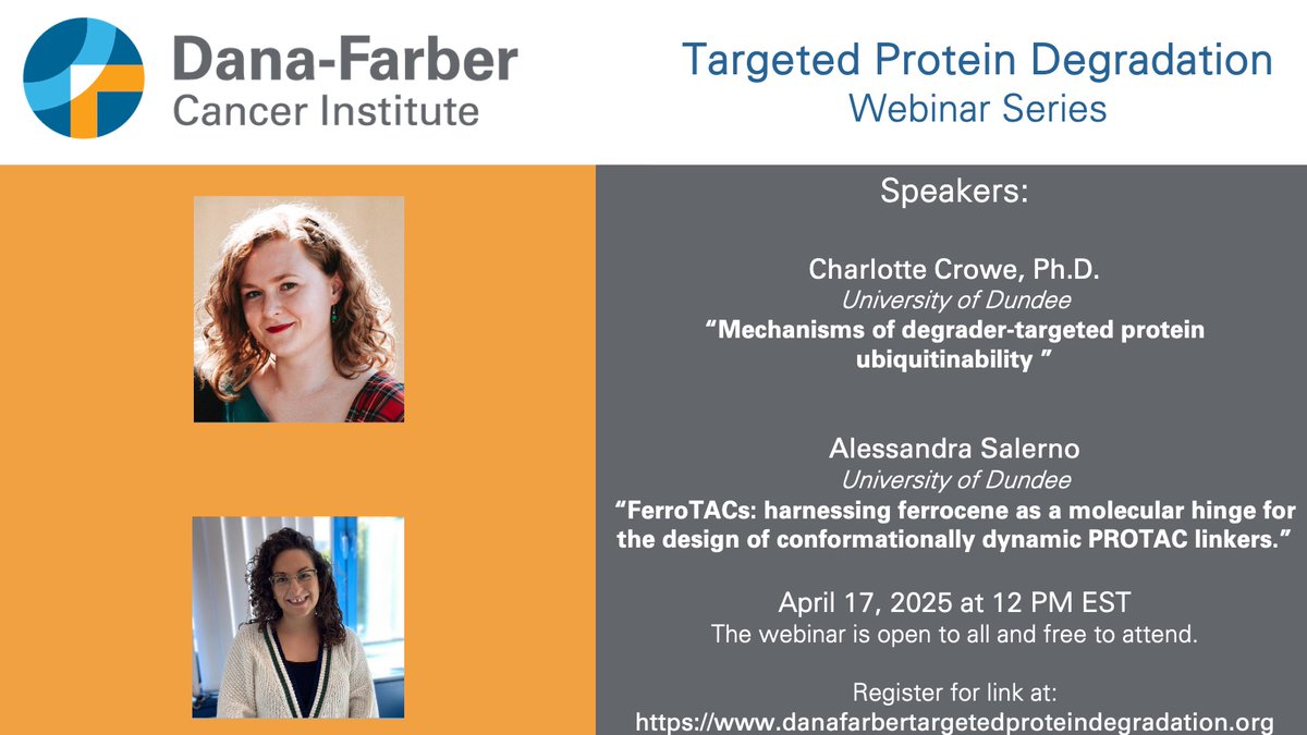 Mikołaj Słabicki (@biomiko) on Twitter photo Join us on April 17th for an exciting double seminar from the University of Dundee <a href="/UoDCeTPD/">Centre for Targeted Protein Degradation</a>: <a href="/CharlCrowe/">Charlotte Crowe</a> on "Mechanisms of degrader-targeted protein ubiquitinability" and <a href="/ales_salerno/">Alessandra Salerno 👩🔬</a> on "FerroTACs."
Details: …afarbertargetedproteindegradation.org Join us on April 17th for an exciting double seminar from the University of Dundee <a href="/UoDCeTPD/">Centre for Targeted Protein Degradation</a>: <a href="/CharlCrowe/">Charlotte Crowe</a> on "Mechanisms of degrader-targeted protein ubiquitinability" and <a href="/ales_salerno/">Alessandra Salerno 👩🔬</a> on "FerroTACs."
Details: …afarbertargetedproteindegradation.org