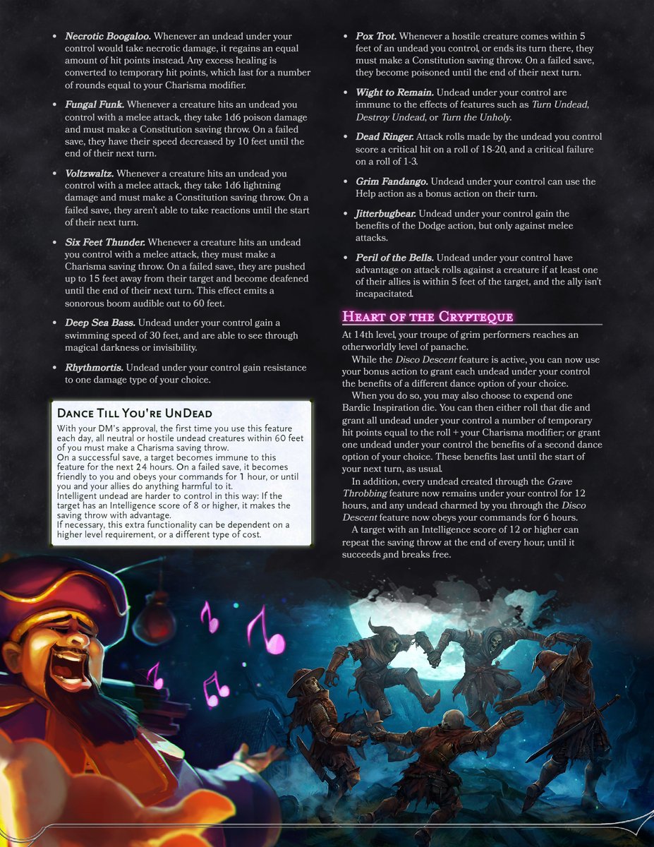 CamunonZ's tweet photo. BARD: COLLEGE OF NECRODANCING
A subclass inspired by the “Crypt of the #Necrodancer“ rhythm game, from @NecroDancerGame!
- Originally released on September 2023
PDF: https://t.co/HRrmbFp471
#dungeonsanddragons #DnD #dnd #5e #dnd5e #homebrew #TTRPGs #ttrpg #subclass #bard https://t.co/oj0l0shX8F