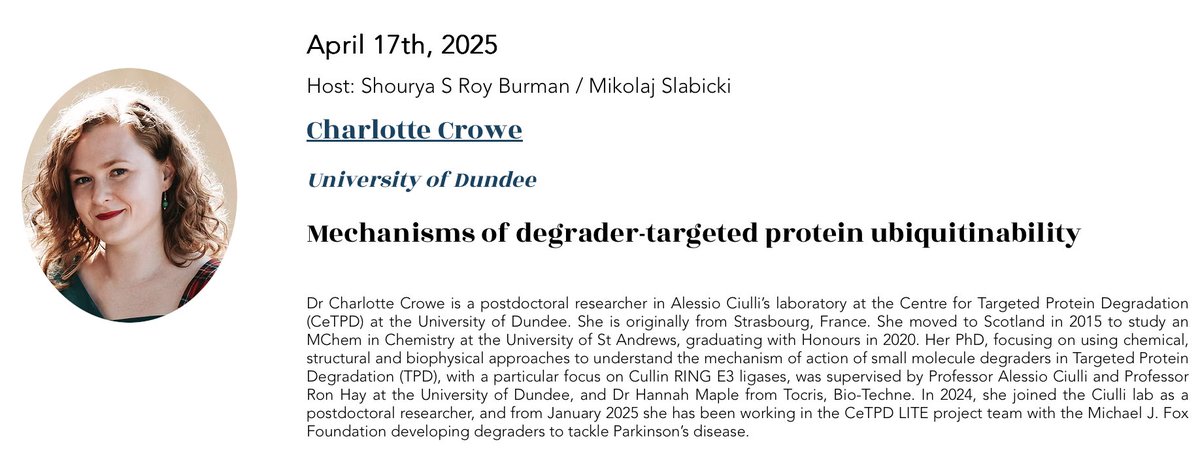 Charlotte Crowe (@charlcrowe) on Twitter photo Looking forward to participating in the <a href="/DanaFarber/">Dana-Farber</a> Targeted Protein Degradation webinar series this Thursday! Registration is open: dfci.zoom.us/webinar/regist… Looking forward to participating in the <a href="/DanaFarber/">Dana-Farber</a> Targeted Protein Degradation webinar series this Thursday! Registration is open: dfci.zoom.us/webinar/regist…