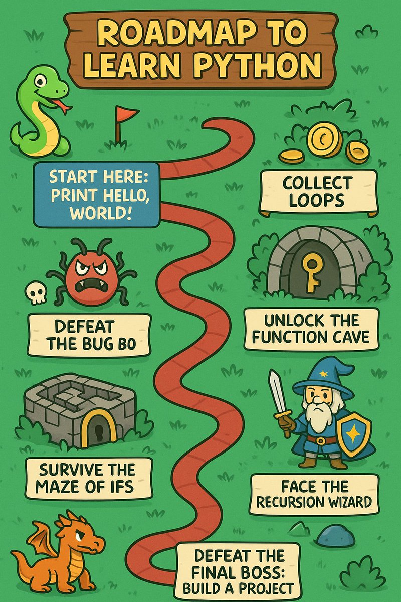 cuscoDev's tweet image. 🚀 Your Python journey starts here — like a board game, but with more print() and fewer dice! 🎲🐍
Master Python step by step, the fun way. Ready to roll?
#PythonRoadmap #LearnPython #PythonForBeginners #CodeNewbie #DevLife #100DaysOfCode #PythonCommunity #TechHumor #WebDev