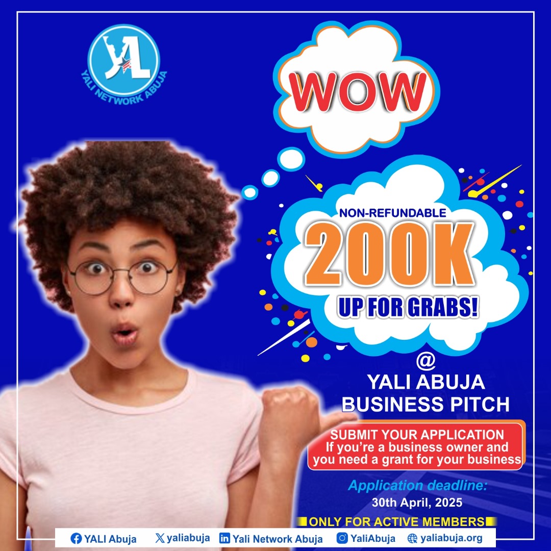The YALI Network, Abuja, is pleased to announce that active members can apply for grants worth 200,000 naira as an aftermath of the YALI business mentorship series.

You can submit your applications using the link below:

forms.gle/DWtLpNSrXMsn15…

Deadline: 30th April 2025
