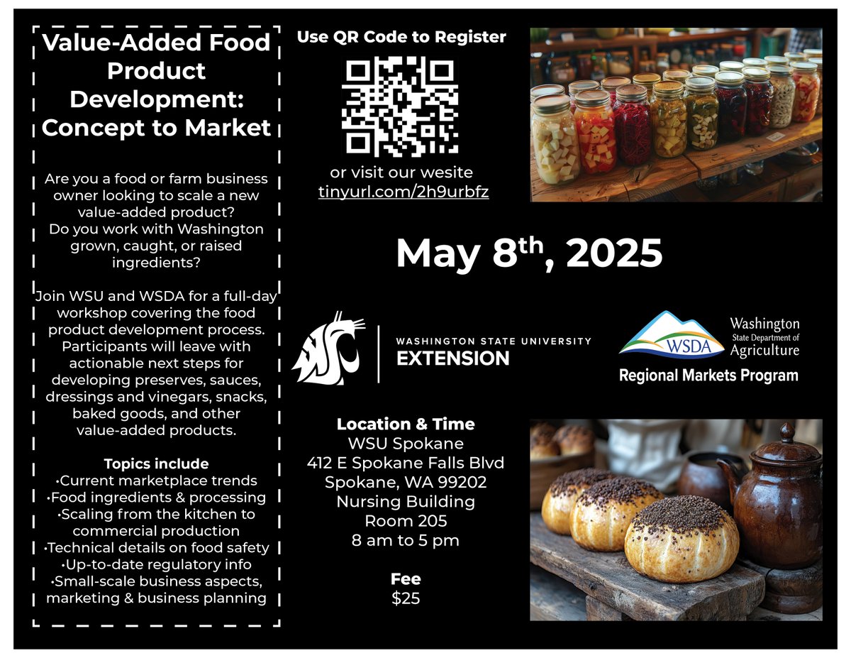 WSU Food Safety (@wsu_foodsafety) on Twitter photo <a href="/WSUExtension/">WSU Extension</a> is hosting a Value-Added Food Product Development training that is being held at WSU Spokane on 5/8/2025. Fee is $25. Partially sponsored by <a href="/WSDAgov/">Washington State Department of Agriculture</a> Regional Markets Program. Register at tinyurl.com/2h9urbfz <a href="/WSUExtension/">WSU Extension</a> is hosting a Value-Added Food Product Development training that is being held at WSU Spokane on 5/8/2025. Fee is $25. Partially sponsored by <a href="/WSDAgov/">Washington State Department of Agriculture</a> Regional Markets Program. Register at tinyurl.com/2h9urbfz