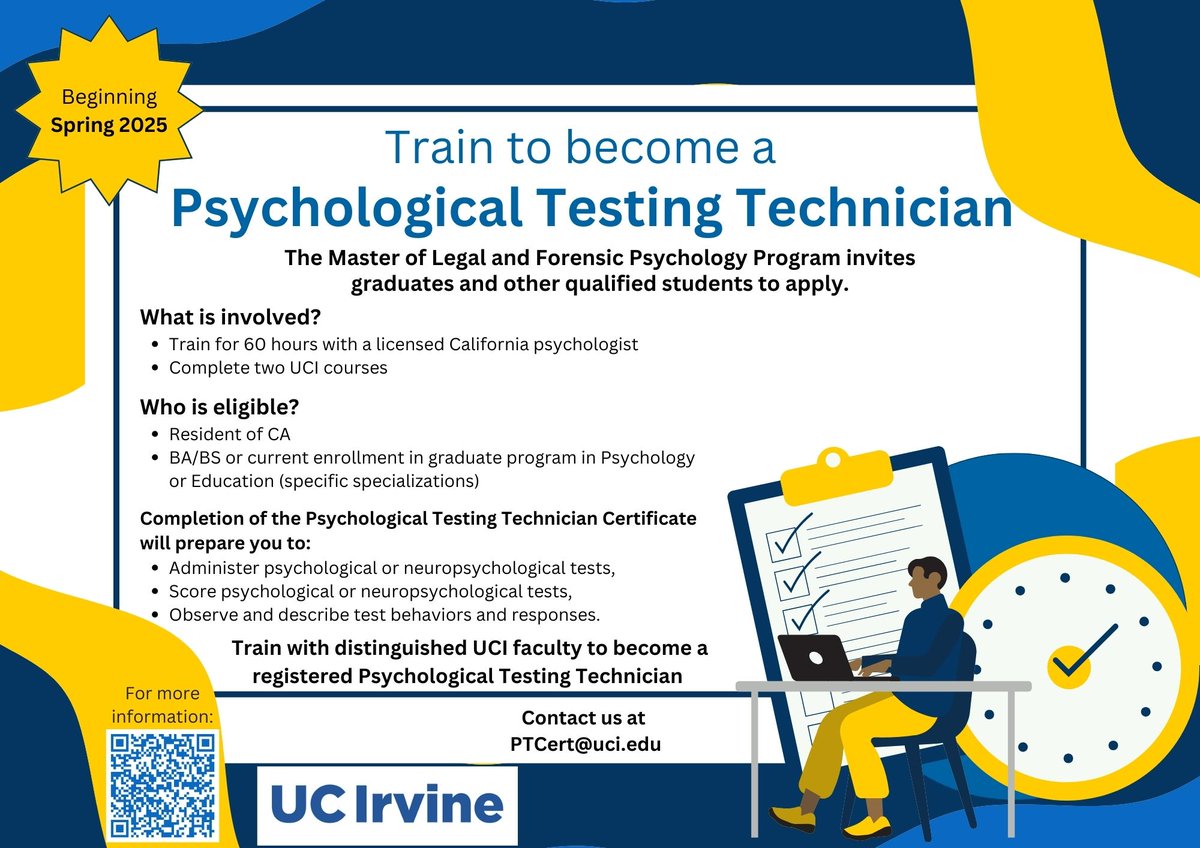 3D Lab (@3dlabuci) on Twitter photo The UCI <a href="/Social_Ecology/">UCI Social Ecology</a> Center for Psych & Law is now offering a training program where students can qualify for a clinical registration with the Board of Psychology as a Psychological Testing Technician. Developed by <a href="/EECauffman/">Elizabeth Cauffman</a> and <a href="/JasonSchiffman2/">Jason Schiffman</a>. See details below to apply! The UCI <a href="/Social_Ecology/">UCI Social Ecology</a> Center for Psych & Law is now offering a training program where students can qualify for a clinical registration with the Board of Psychology as a Psychological Testing Technician. Developed by <a href="/EECauffman/">Elizabeth Cauffman</a> and <a href="/JasonSchiffman2/">Jason Schiffman</a>. See details below to apply!