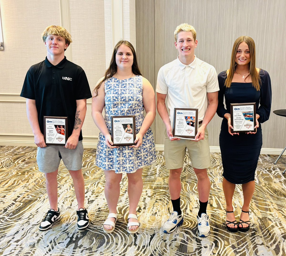 MSHSactivities's tweet photo. Patriot Shoutout to Parker Schmieding, Mason Zadina, Abbey Dannelly and Logan Glynn who were all recognized today by the Greater Omaha Sports Committee as their Winter Scholar Athletes Award winners! Great job, Patriots! #TPW #MillardSouthFamily https://t.co/aJSfg1pXYP