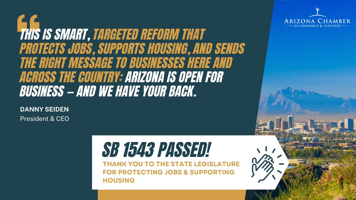 🚨 Big win for Arizona: SB 1543 is headed to the governor’s desk!

This bill supports smart growth by giving companies developing international HQs the flexibility to build on-site housing and services that support their workforce—helping retain talent, ease housing pressures,