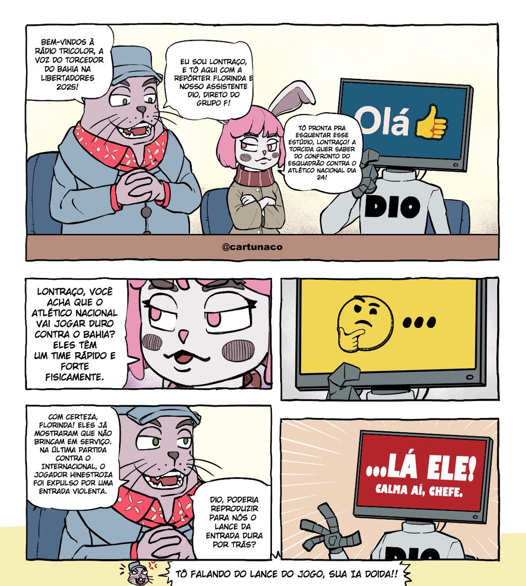 Uma nova esta formada para acompanhar a jornada do Esquadrão de aço na libertadores. Lhes apresento o apresentador Lontraço, a repórter Florinda e o pc gerido por IA mais vagabundo de todos, o Dio. 
E feliz dia do desenhista a todos os rabisqueiros daqui! 💙❤️#libertadores #bahia