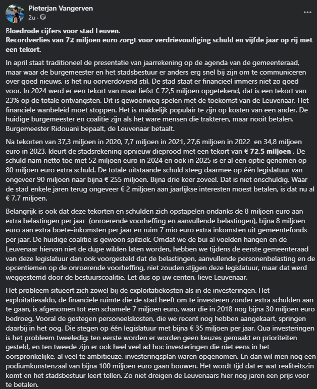 Pieterjan Vangerven (@pjvangerven) on Twitter photo Voor al wie Leuven een warm hart toe draagt. Voor al wie denkt dat het in Leuven zo fantastisch gaat en meegaat in de goed nieuws show die nu al zes jaar aan de gang is. De (financiële) cijfers kleuren bloedrood en zeggen iets anders... 🚨
<a href="/NVALeuven/">N-VA Leuven</a> Voor al wie Leuven een warm hart toe draagt. Voor al wie denkt dat het in Leuven zo fantastisch gaat en meegaat in de goed nieuws show die nu al zes jaar aan de gang is. De (financiële) cijfers kleuren bloedrood en zeggen iets anders... 🚨
<a href="/NVALeuven/">N-VA Leuven</a>