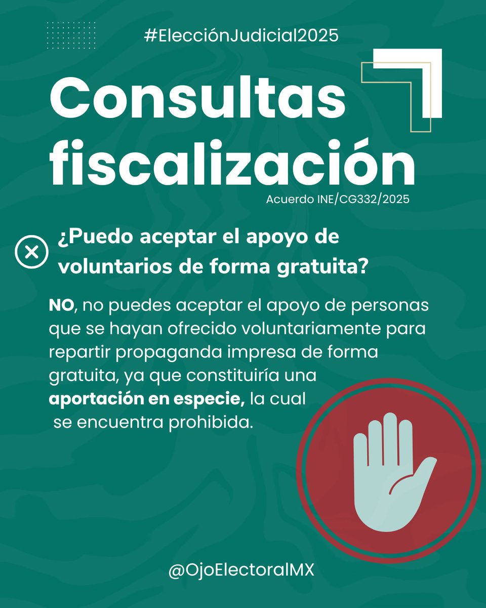 #ConsultasFiscalización 💰 ¿PUEDO ACEPTAR EL APOYO DE VOLUNTARIOS?

❎ NO, no puedes aceptar el apoyo de personas que se hayan ofrecido voluntariamente a repartir propaganda de forma gratuita, ya que constituiría una aportación en especie, la cual se encuentra prohibida.