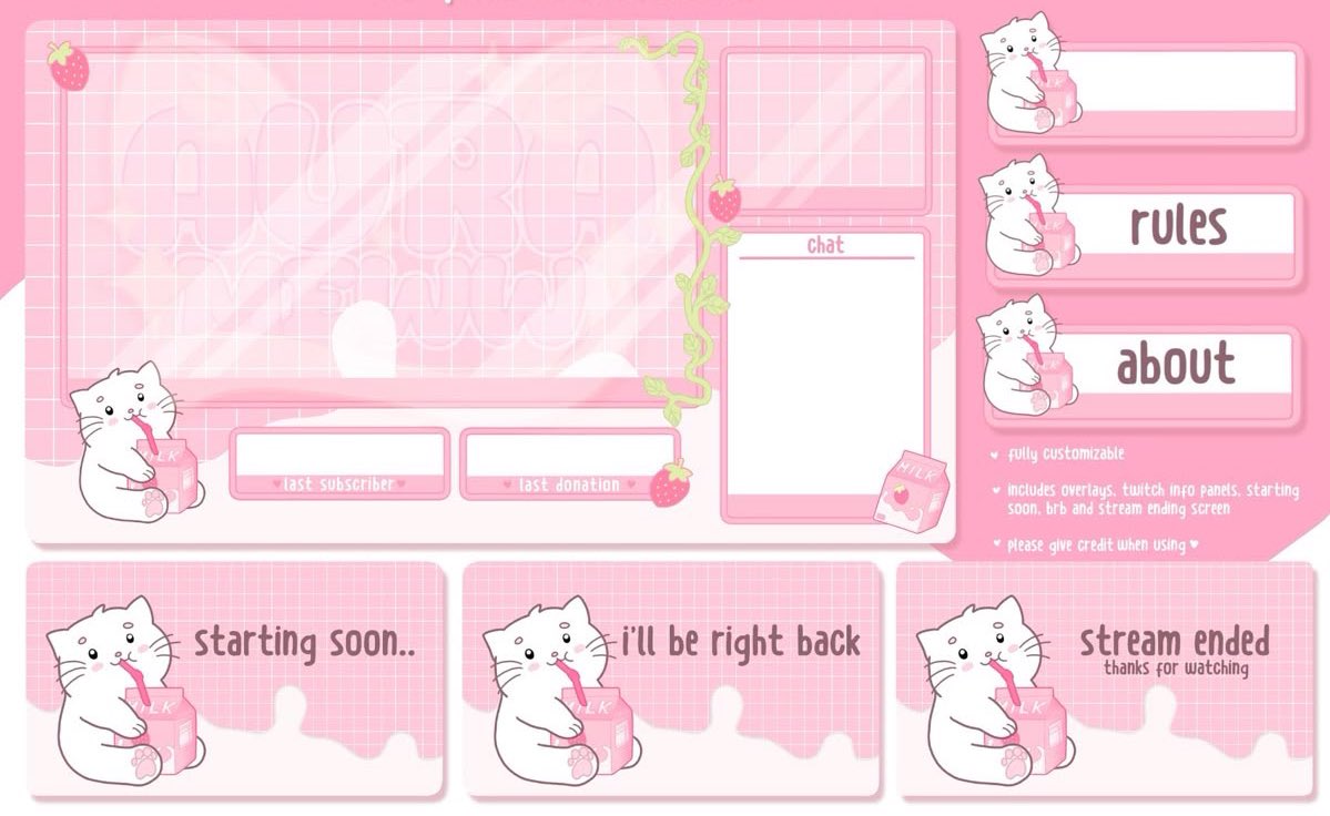 Strawberry Milk Cat Theme

Add a sweet and playful touch to your stream with this Strawberry Milk Cat Stream Overlay Package – the perfect choice for content creators who love cute, pastel aesthetics. 
#overlay #GraphicDesign
