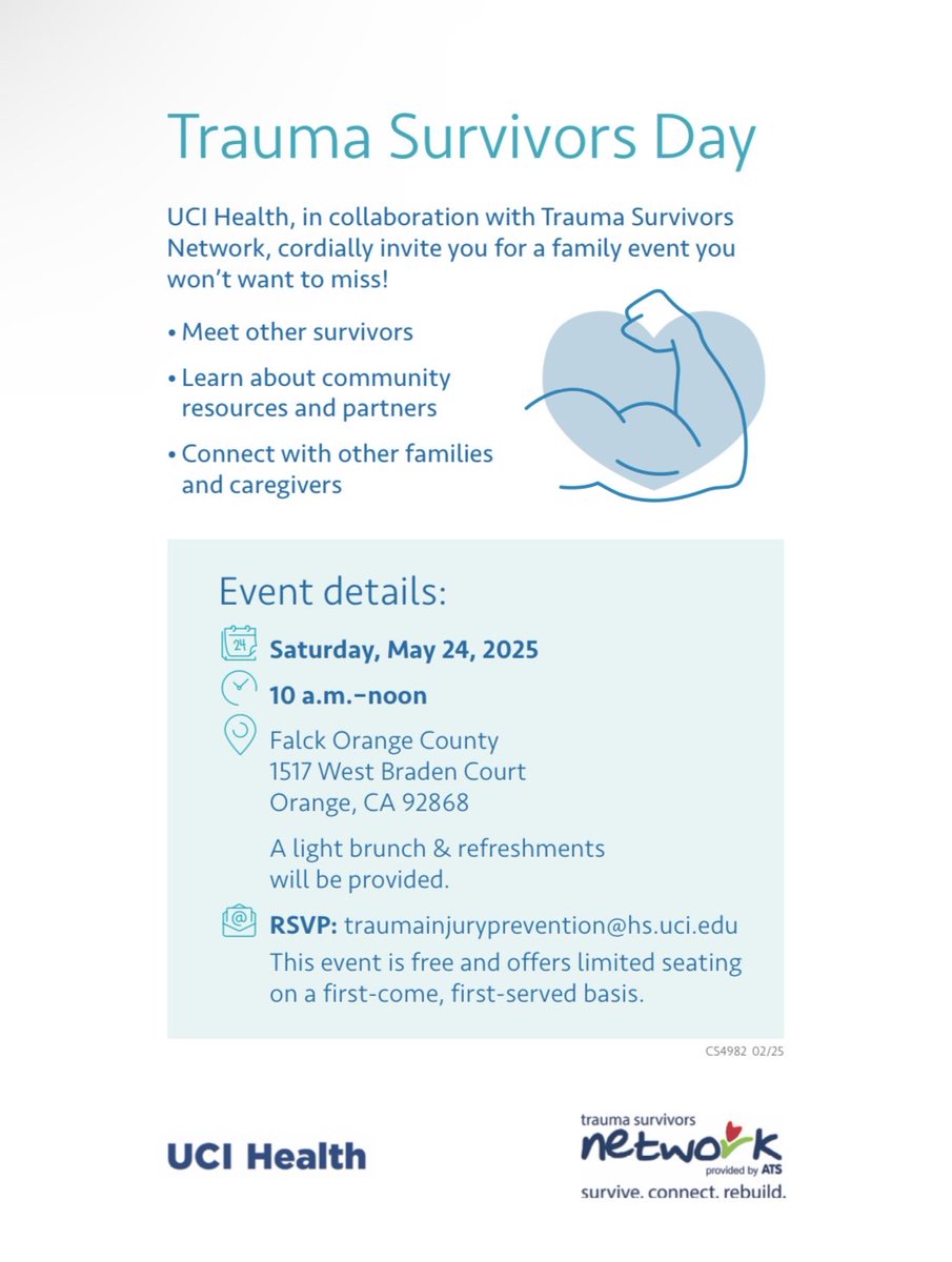 BurrussSigrid's tweet image. Trauma Survivors Day is coming up. Come learn about UCI trauma and our community organizations that provide wraparound support after injury @UCIrvineHealth @SoCalSurgeons