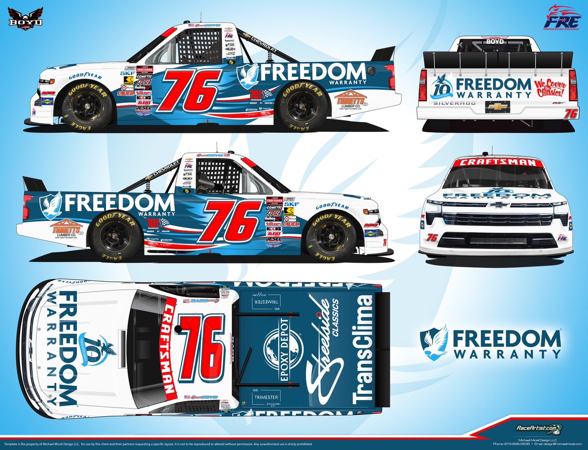 Freedom Warranty is celebrating 10 years in business—and we’re marking the milestone with this special edition paint scheme on Spencer Boyd’s #76 Chevy! Catch it at The Rock this weekend! 🦅🇺🇸
