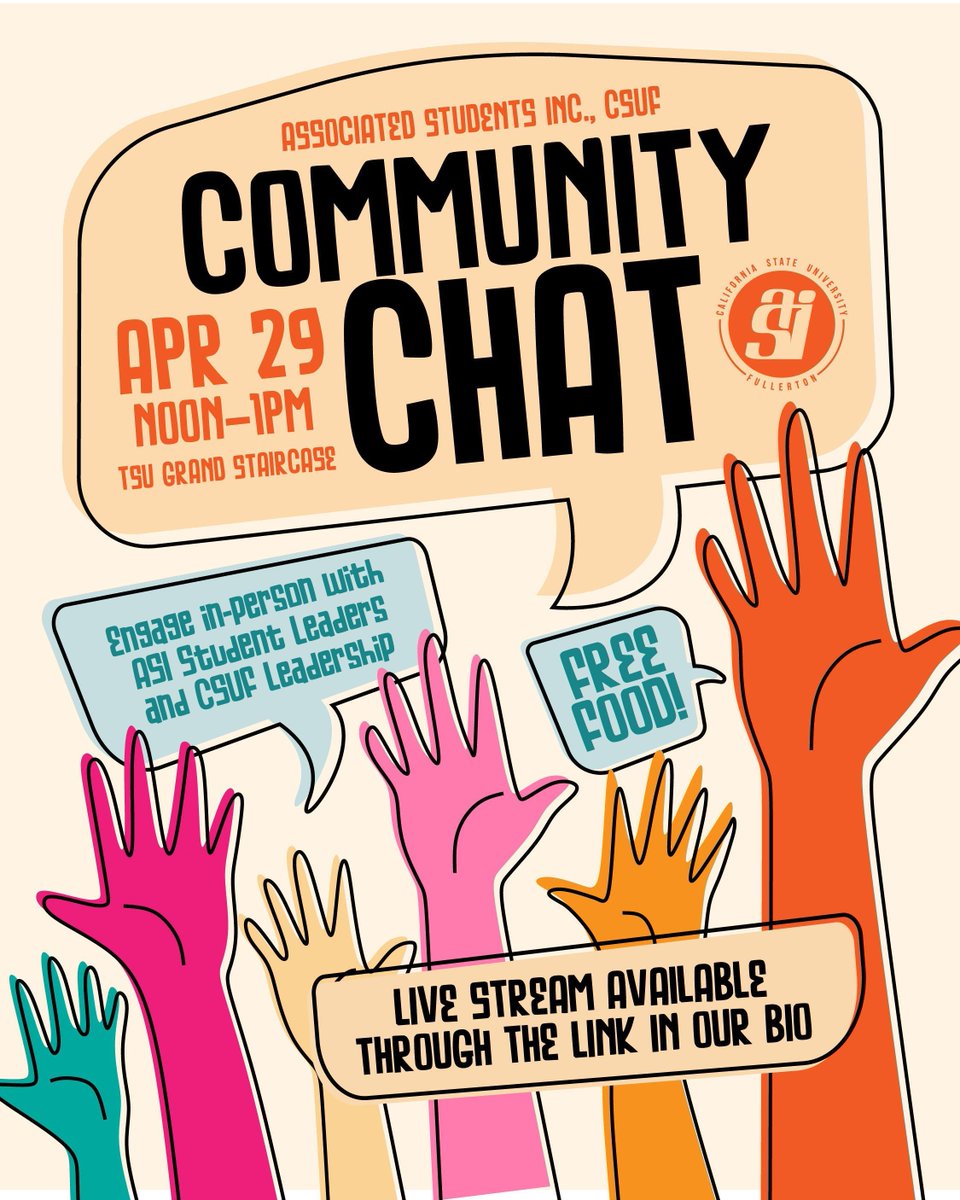 Join us for Community Chat where you can ask ASI student leaders and CSUF administrators questions on all things campus-related.
🗓️ April 29

🕛 Noon–1PM

📍 TSU Grand Staircase

🍕 Free food
Catch the live stream link the day of!