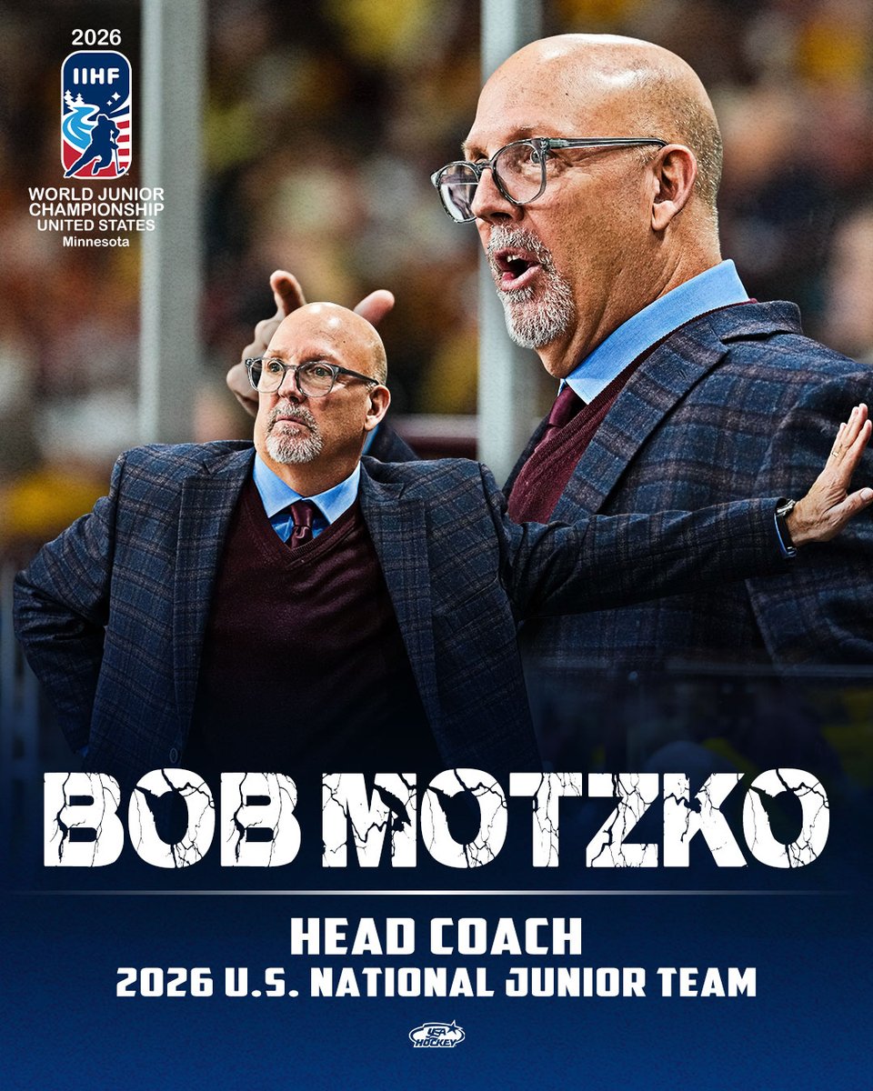 usahockey's tweet photo. Bob Motzko has been named head coach of the 2026 U.S. National Junior Team! 🇺🇸

The team will play in the 2026 IIHF #WorldJuniors, Dec. 26, 2025 – Jan. 5, 2026, in Saint Paul and Minneapolis, Minnesota.

Details: https://t.co/ngVEn4YbaW https://t.co/2BK77pa9pm