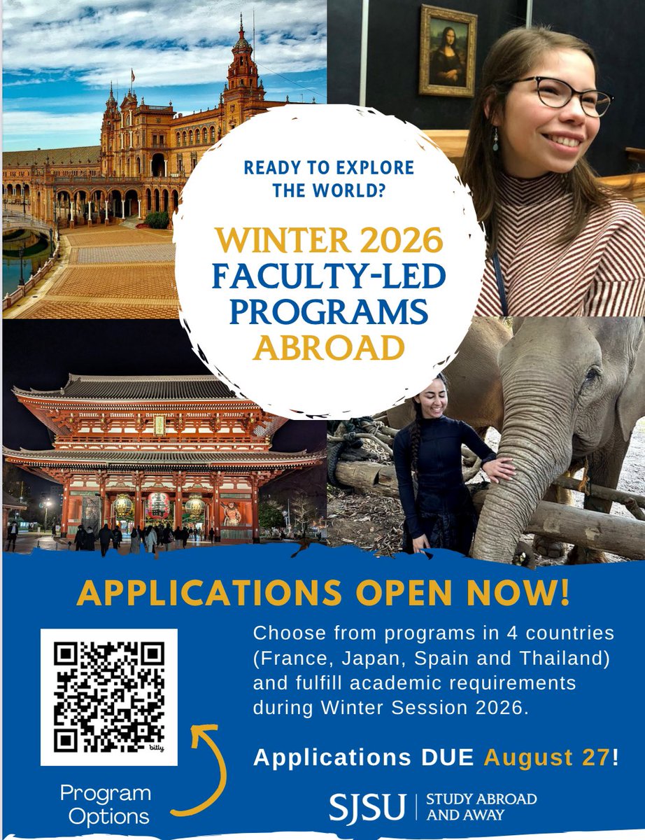 Hi Spartans, 

Have you ever wanted to visit Thailand, Japan, Spain, or France? 

The SJSU study abroad office has released 5 programs in four different countries. Scan the QR code to learn more about these programs! 

#japan #spain #thailand #france #sjsu #studyabroad