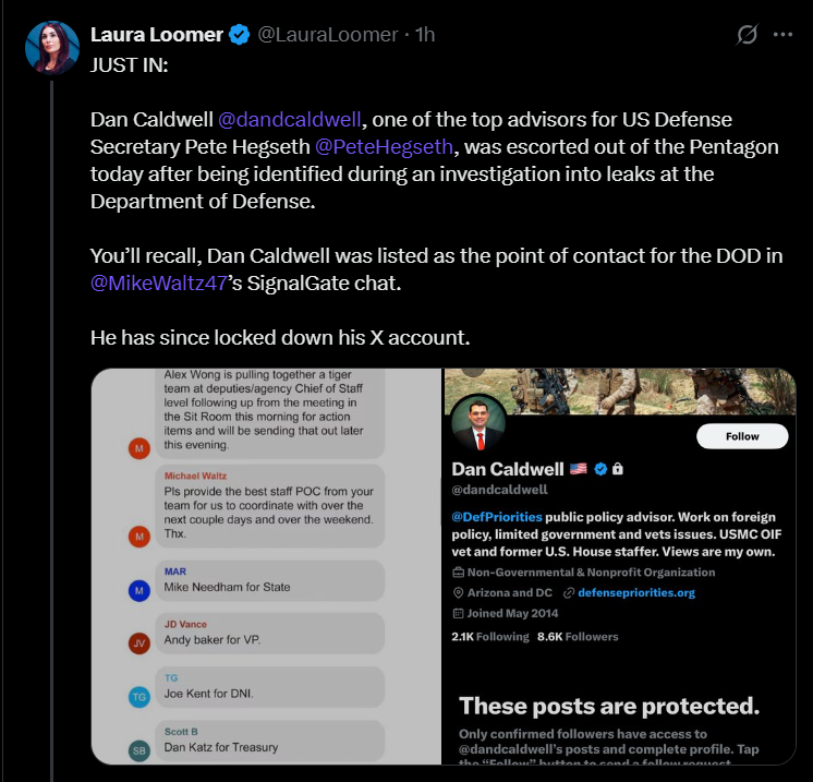 MsKristaMonroe's tweet image. So, Dan Caldwell was the DOD leaker?
Surely, he's not the only one, but it's nice to finally have a name. Now watch him become praised by CNN and MSNBC as a whistleblower and get a book deal.
Hope there are more consequences than just termination and removal from the premises.
