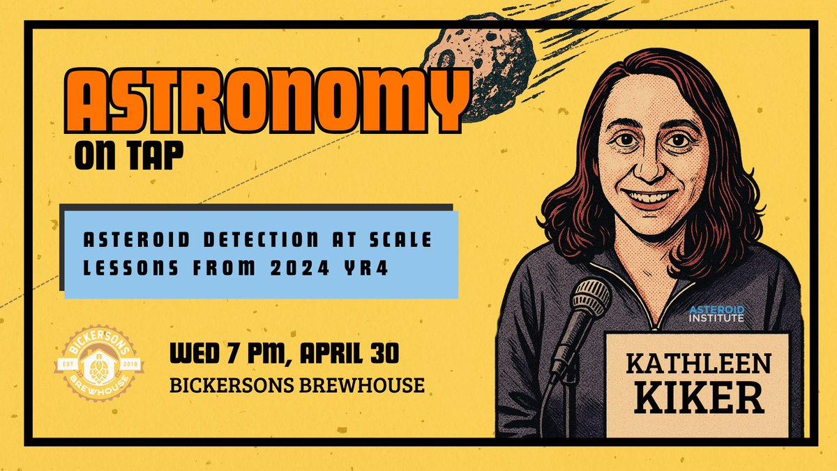 b612foundation's tweet image. Calling all Seattle asteroid fans! On Wed April 30th, join #AsteroidInstitute engineer Kathleen Kiker at @AoTSeattle on our work tracking #asteroid 2024YR4 and advancing large-scale asteroid detection. Come for a drink, ask questions and discover something new! 7pm @BickersonsB