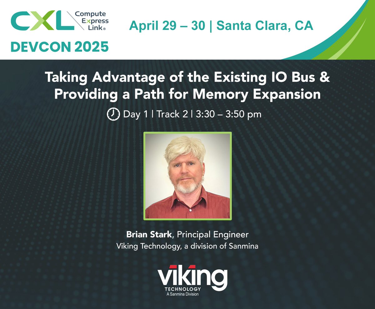 📢 Exciting news! Viking's Principal Engineer, Brian Stark, will be presenting at <a href="/ComputeExLink/">Compute Express Link</a>  DEVCON 2025 in Santa Clara, CA! 🚀

Join Brian on Day 1, from 3:30 - 3:50 pm as he discusses Memory Expansion. Don't miss this opportunity to learn from our expert! #CXL #DEVCON2025