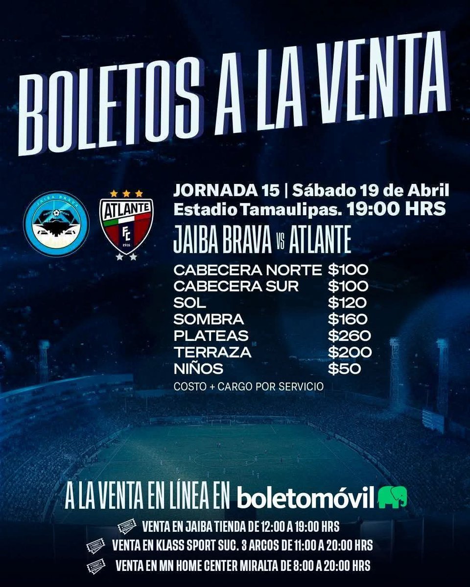 🔥 ¡ESTE SÁBADO HAGAMOS VIBRAR EL ESTADIO TAMAULIPAS! 🏟 

🎫 Boletos disponibles a través de <a href="/boletomovil/">Boletomóvil</a> 🐘: goo.su/bxXfdi

📍 Puntos de venta: Jaiba Tienda, Klass Sport  y MN Home Center

#Inquebrantables 💙🦀