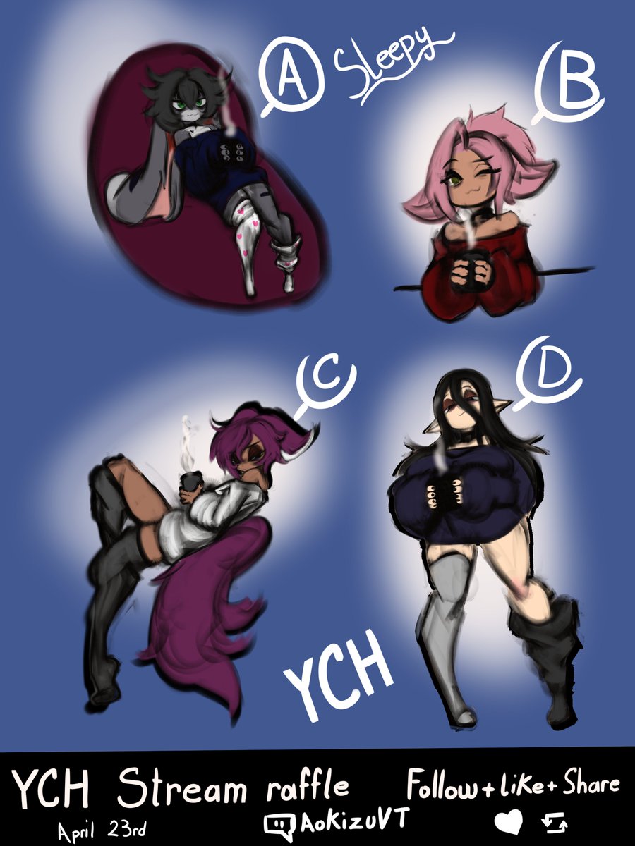 Aokithoughts's tweet photo. Cool little idea<3
Sleepy YCH raffle in stream!~
Rules:
-Follow
-Like this post
-And share it!
Be sure to post your character you'd like to see in this post. Raffle will be on April 23rd on Twitch be sure to follow that as well to watch it being worked on <3 https://t.co/7f1MAf4Juh