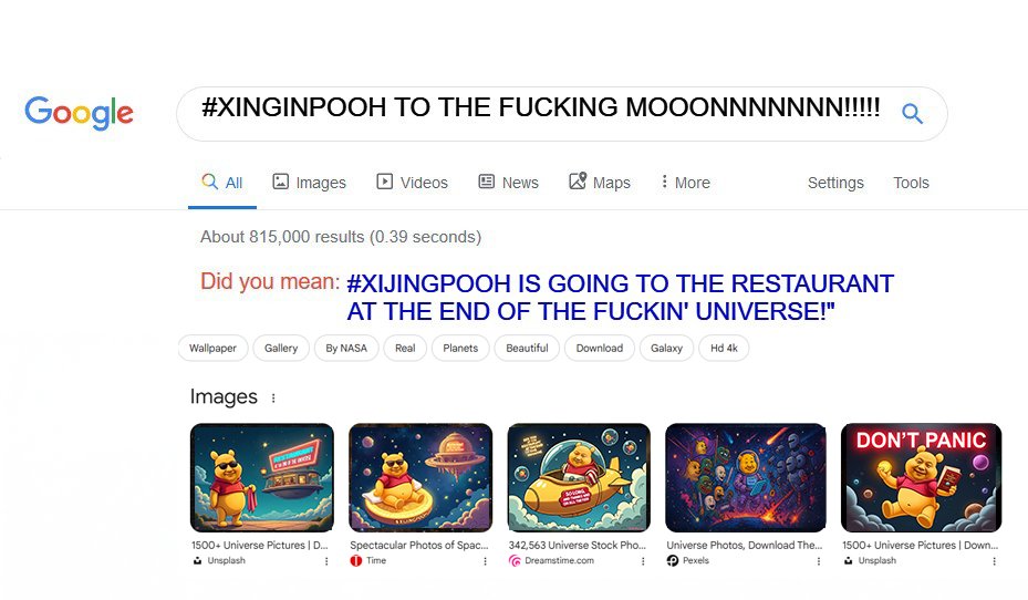 xijingonsol's tweet photo. Meanwhile, @Google:
#XIJINGPOOH is going to the restaurant at the end of the fcukin' universe! https://t.co/iYHGHlbp4U