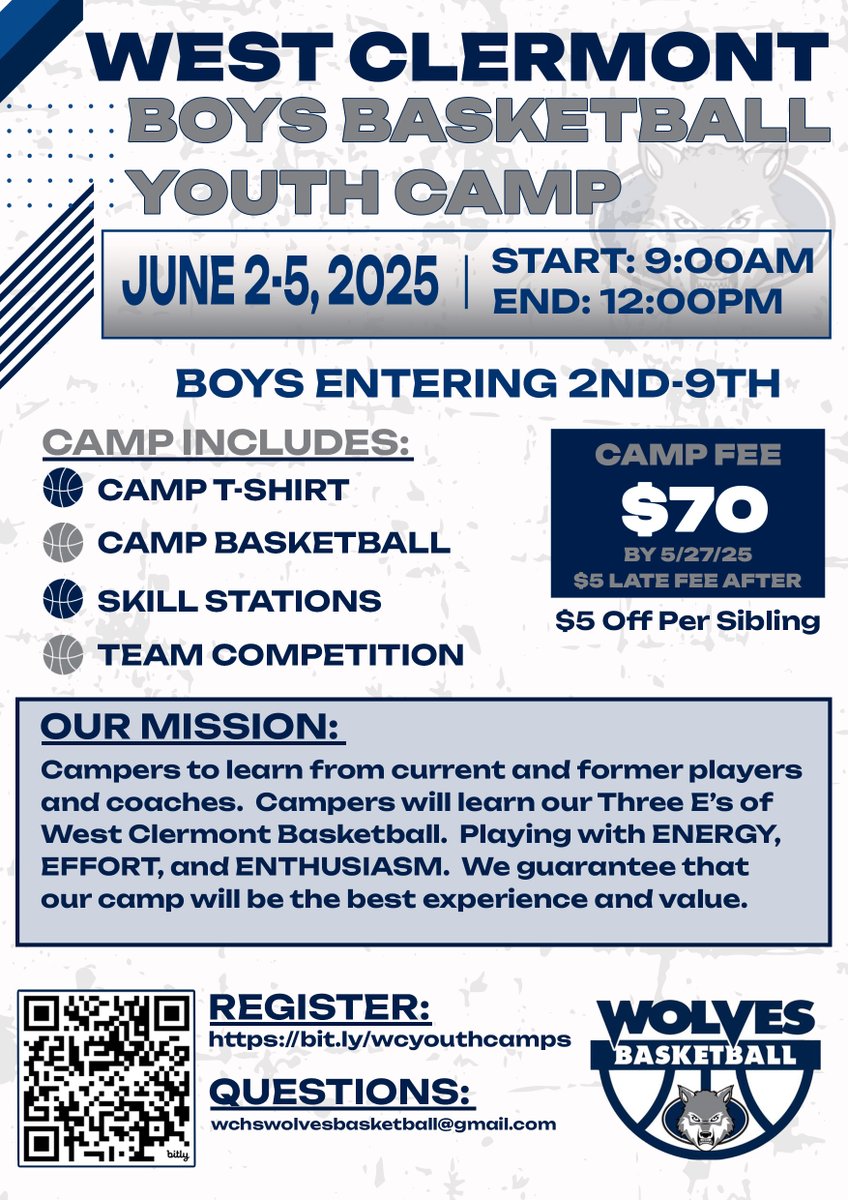 Excited to be hosting our 2025 Youth Basketball Camp at West Clermont High School.

📅June 2-5
🕘9:00am-12:00pm
🏀Boys Entering Grades 2nd-9th (Fall '25)
💵$70 per camper
📝bit.ly/wcyouthcamps

#wolfmentality