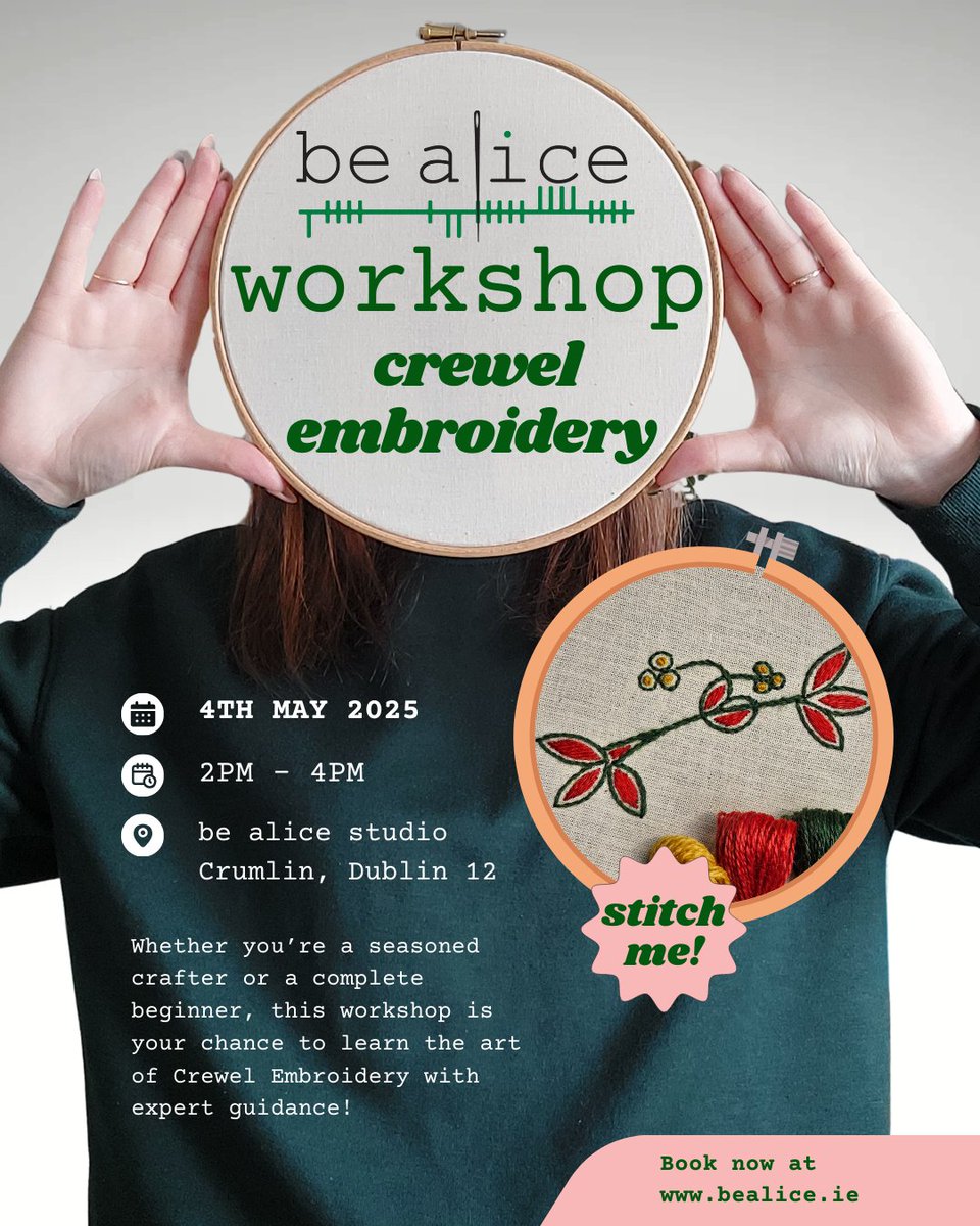 This workshop has a Crewel twist 😉
Crewel embroidery is a technique which uses wool instead of our regular cotton embroidery threads. We'll be learning 3 stitches to create this Book of Kells design

bealice.ie/classes