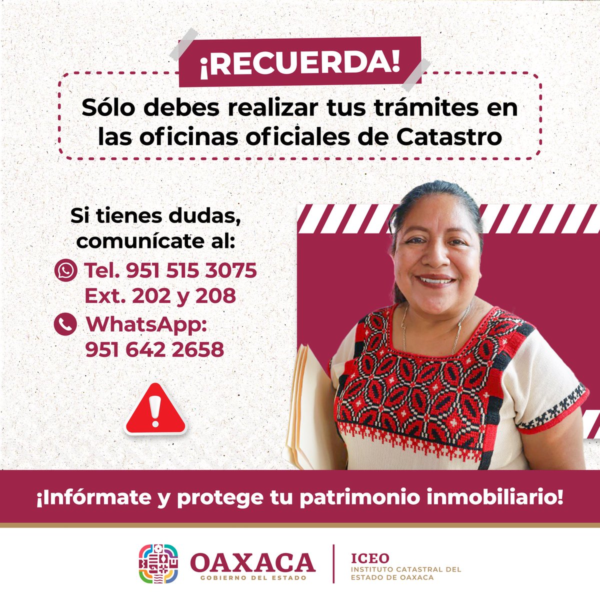 Catastro_GobOax's tweet photo. Estimado contribuyente: Recuerda que sólo debes realizar tus trámites en las oficinas oficiales del #ICEO. ¡No te dejes sorprender con cobros indebidos!

¡Infórmate y protege tu patrimonio inmobiliario! https://t.co/uGsXRheCem