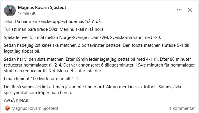 Det är därför jag aldrig spelar på kinesisk fotboll.