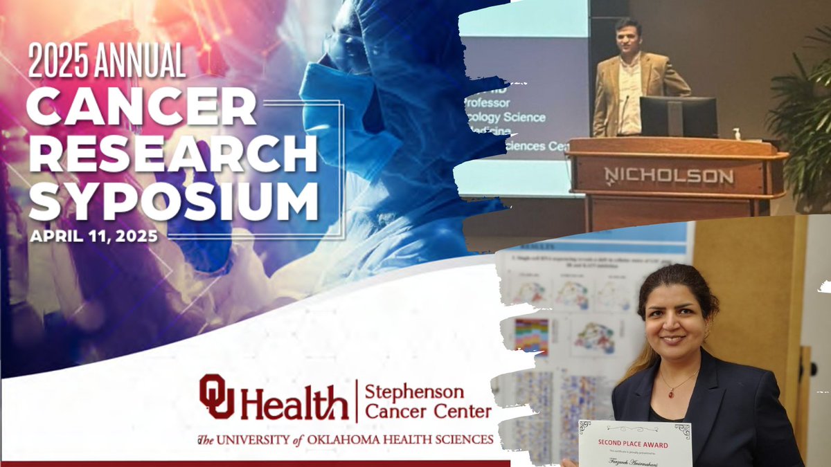 OU Oncology Science (@oncologyscience) on Twitter photo Big wins at the <a href="/StephensonCC/">OU Health Stephenson Cancer Center</a> Annual Cancer Research Symposium! 🎉
🥇 <a href="/HMAbushukair/">Hassan Abushukair</a> (<a href="/OHLab23/">Oh Lab</a>) took 1st for best oral presentation on spatial transcriptomics.
🥈 Farzaneh (Muthukrishnan lab) snagged 2nd in the Cancer Biology poster track.
Huge congrats! 👏 #CancerResearch Big wins at the <a href="/StephensonCC/">OU Health Stephenson Cancer Center</a> Annual Cancer Research Symposium! 🎉
🥇 <a href="/HMAbushukair/">Hassan Abushukair</a> (<a href="/OHLab23/">Oh Lab</a>) took 1st for best oral presentation on spatial transcriptomics.
🥈 Farzaneh (Muthukrishnan lab) snagged 2nd in the Cancer Biology poster track.
Huge congrats! 👏 #CancerResearch