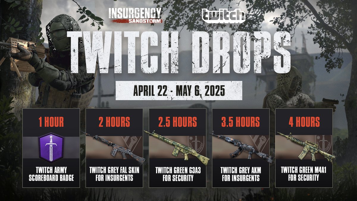 InsurgencyGame's tweet photo. With the release of Operation: Overrun, we're excited to bring Twitch Drops to Insurgency: Sandstorm for the first time!

Beginning April 22, watch participating streamers to earn exclusive drops celebrating Update 1.18. https://t.co/knKyKiRvcT