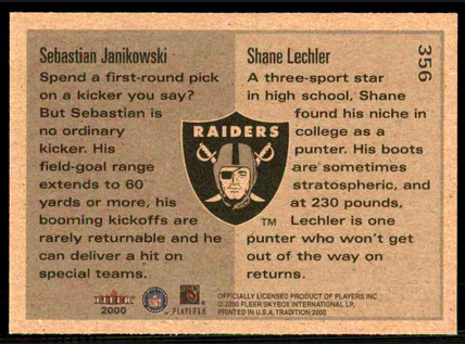 NFLMAVERICK's tweet photo. 25 years ago

April 15, 2000   NFL Draft     

Raiders selected PK Sebastian "Seabass" Janikowski in the 1st round (17th overall) and P Shane Lechler in the 5th round (142 overall). https://t.co/CK2Eckkg5H