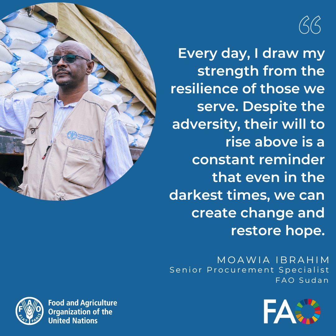 Today, we honor dedicated <a href="/FAO/">Food and Agriculture Organization</a> staff like Mowaia — who, after 2 years of conflict &amp; witnessing the crisis firsthand, continues to find strength each day in the resilience of those he serves.

His commitment to deliver aid, despite every challenge, is truly inspiring.

#WithSudan
