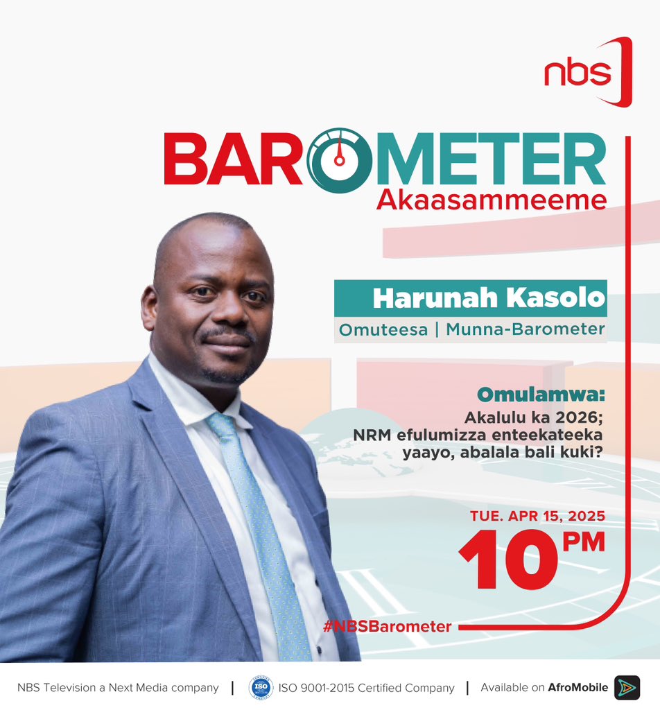 Salmah Namwanje (@salmahnamwanje) on Twitter photo 2026 Elections: With NRM unveiling its Electoral Roadmap, what are other political parties up to?
On #NBSBarometer tonight, <a href="/adam_kungu/">Kungu Al-mahadi Adam</a> hosts <a href="/AMufumbiro/">Alex Waiswa Mufumbiro</a>, <a href="/IngridTurinawe/">Ingrid Turinawe</a>, <a href="/HonKyeyune/">Hon. Haruna Kyeyune Kasolo</a>, and <a href="/rwomchechen/">CHARLES RWOMUSHANA</a> to discuss this and more.
#NBSUpdates 2026 Elections: With NRM unveiling its Electoral Roadmap, what are other political parties up to?
On #NBSBarometer tonight, <a href="/adam_kungu/">Kungu Al-mahadi Adam</a> hosts <a href="/AMufumbiro/">Alex Waiswa Mufumbiro</a>, <a href="/IngridTurinawe/">Ingrid Turinawe</a>, <a href="/HonKyeyune/">Hon. Haruna Kyeyune Kasolo</a>, and <a href="/rwomchechen/">CHARLES RWOMUSHANA</a> to discuss this and more.
#NBSUpdates