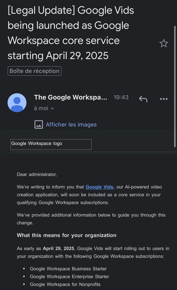 Openai a pris tellement d'avance en nombre de users
que Google n'a plus le choix

Tout passe gratos ou quasi gratos

Après Google AI Studio, c'est carrément
l'IA VIDEO oO

Lancement le 29 Avril pour les users Workspace 
😋😋😋