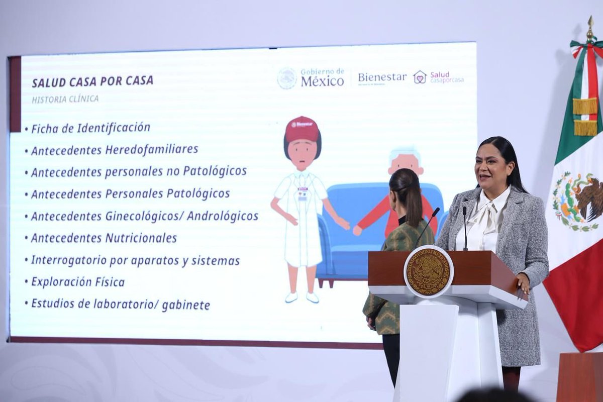 A_MontielR's tweet photo. En la #MañaneraDelPueblo, junto a la presidenta @Claudiashein, informé que ya hemos visitado a 8.2 millones de personas con el programa #SaludCasaPorCasa.
También dimos a conocer el protocolo de las visitas de los Facilitadores de Salud: se tomarán los signos vitales, se aplicarán pruebas rápidas para medir la glucosa, los triglicéridos y el colesterol, y se evaluará la capacidad motriz, entre otras. En resumen, se realizará la historia clínica de cada derechohabiente.
#HumanismoMexicano
#PrimeroLosPobres