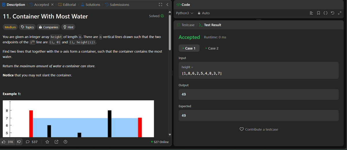 ayush_maur10241's tweet photo. 🗓️ DSA Journey: Day 7
Problem: Container With Most Water
One more step forward in my DSA journey!Let’s keep learning together.
#DSA #ProblemSolving #PlacementPrep  #TechWithKrish #Leetcode  #Python #LeetCode #DataStructure #CodingChallenge  #ProblemSolving  #MachineLearnin https://t.co/OYmaz0jSnp