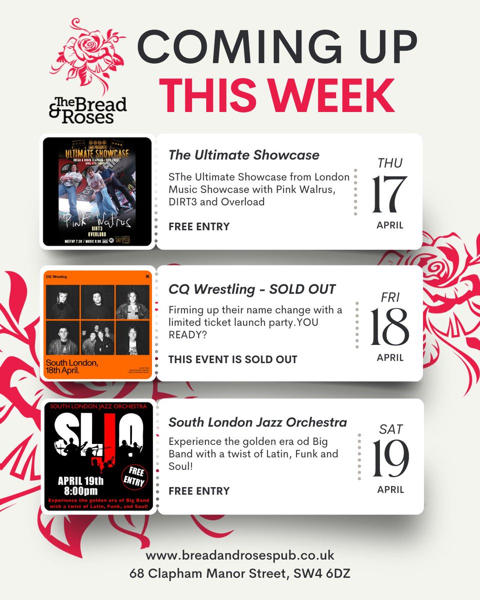 Still to come this week

💃  Thu 17 April: The Ultimate Showcase FREE ENTRY

🎵 Fr 18 April: CQ Wrestling - SOLD OUT!

💃Sat 19 April: South London Jazz Orchestra 
FREE ENTRY

Or join us for tasty nibbles or hearty pub grub and our covered beer garden.

See you soon!