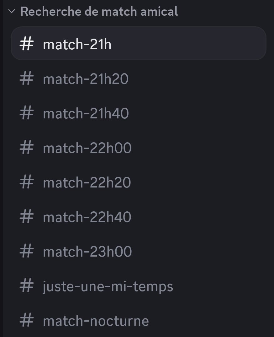 Bonsoir a toutes et à tous 
Pour faciliter vos recherches de match amical 
Dans le serveur league amical on vous a préparé une catégorie rien que pour ça chaque horaires a son onglet

discord.gg/HMRAfysw42
<a href="/TLintox/">Tito Ltx</a>
<a href="/PFCAlliances/">PFC-Oncleben</a> <a href="/PfcUnitedClub/">PFC United</a> <a href="/RedBullFactory/">PFC RedBull Factory</a> <a href="/MGT_EsportCP/">MGT Esport CP</a>