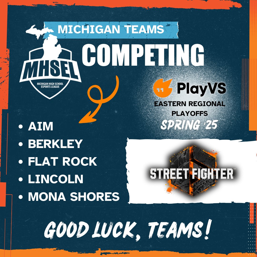 MHSEL (@themhsel) on Twitter photo Congrats to our MHSEL teams who have made it to the <a href="/playvs/">PlayVS</a> Eastern Regional Spring 2025 Playoffs for Street Fighter! Good luck in your matches!
<a href="/AimHighHawks/">Aim High School, Grades 6-12</a> <a href="/BerkleySchools/">Berkley Schools, MI</a> <a href="/FRCHSESports/">Flat Rock Community High School E-Sports</a> <a href="/FR_Athletics/">Flat Rock Athletics</a> <a href="/frcsbrodie/">Andrew Brodie</a> <a href="/MSHSPRIDE/">Jennifer Bustard</a> <a href="/ShoresAthletics/">Mona Shores High School Athletics</a> Congrats to our MHSEL teams who have made it to the <a href="/playvs/">PlayVS</a> Eastern Regional Spring 2025 Playoffs for Street Fighter! Good luck in your matches!
<a href="/AimHighHawks/">Aim High School, Grades 6-12</a> <a href="/BerkleySchools/">Berkley Schools, MI</a> <a href="/FRCHSESports/">Flat Rock Community High School E-Sports</a> <a href="/FR_Athletics/">Flat Rock Athletics</a> <a href="/frcsbrodie/">Andrew Brodie</a> <a href="/MSHSPRIDE/">Jennifer Bustard</a> <a href="/ShoresAthletics/">Mona Shores High School Athletics</a>