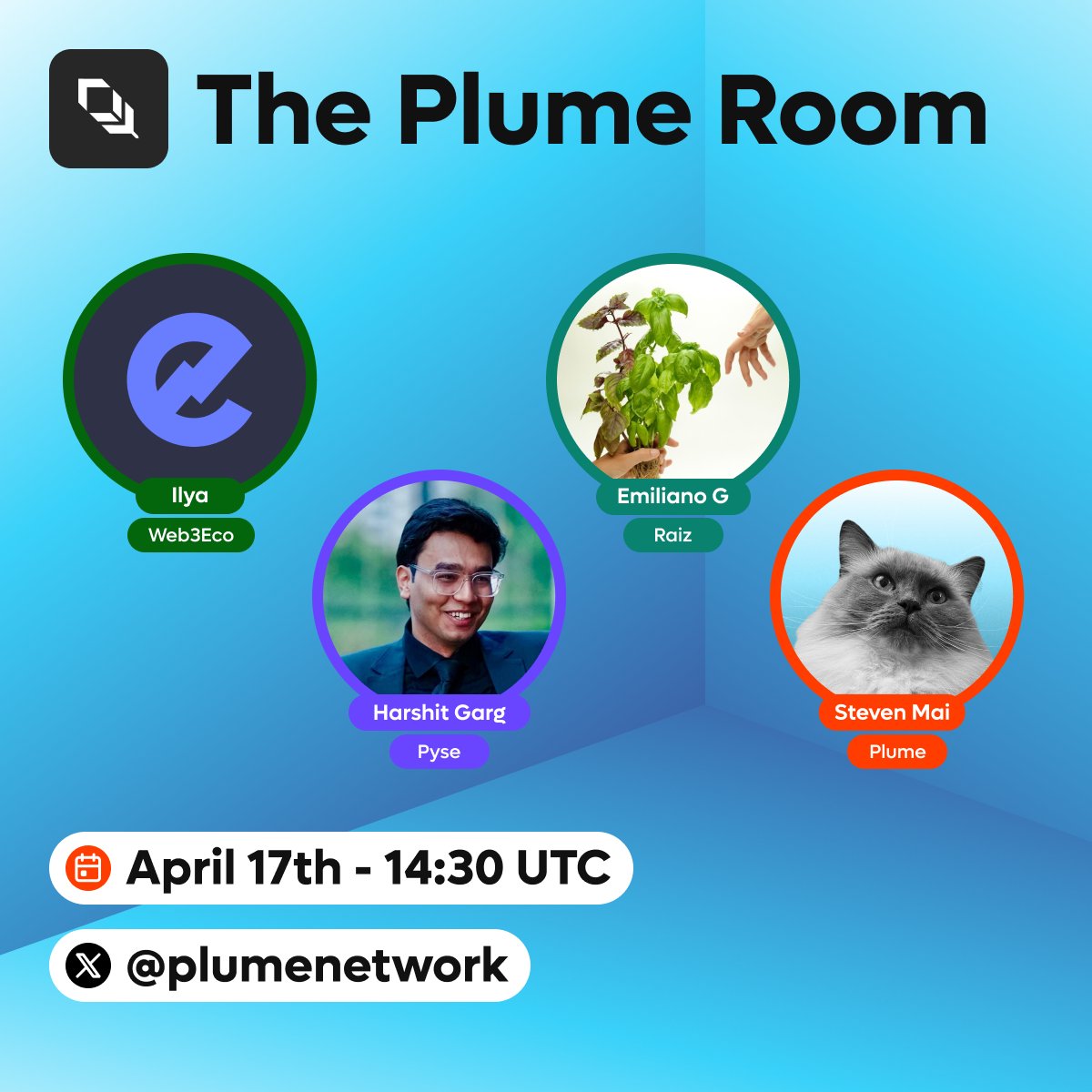 Plume (@plumenetwork) on Twitter photo Tune into The Plume Room! 🎙️
<a href="/stevenmai_/">Steven Mai</a> will be chatting with <a href="/RaizFarms/">Raiz Vertical Farms</a>, <a href="/PyseEarth/">Pyse</a>, and <a href="/Web3Eco/">WEB3ECO</a> on green assets and their impact onchain.
🗓️ April 17th, 14:30 UTC
🔗 x.com/i/spaces/1ynJO…
Set your reminders and we'll see you there! Tune into The Plume Room! 🎙️
<a href="/stevenmai_/">Steven Mai</a> will be chatting with <a href="/RaizFarms/">Raiz Vertical Farms</a>, <a href="/PyseEarth/">Pyse</a>, and <a href="/Web3Eco/">WEB3ECO</a> on green assets and their impact onchain.
🗓️ April 17th, 14:30 UTC
🔗 x.com/i/spaces/1ynJO…
Set your reminders and we'll see you there!