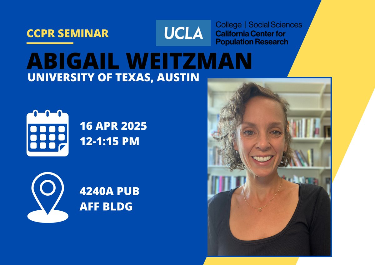Abigail Weitzman, University of Texas, Austin, “Threat Evasive Migration: A Population Perspective” CCPR Seminar today at 12:00pm!
#CCPR #AbigailWeitzman #UCLA <a href="/UCLA/">UCLA</a> #CCPRWednesdays #UCLAEvent #CampusEvents #Seminar