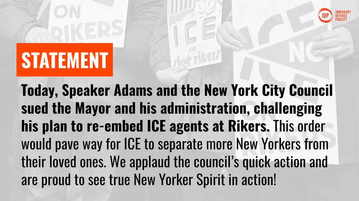 Immigrant Defense Project (@immdefense) on Twitter photo BREAKING: <a href="/NYCSpeakerAdams/">Adrienne Adams</a> and @nyccouncil sued <a href="/NYCMayor/">Mayor Eric Adams</a>, challenging his plans to re-embed ICE agents at Rikers. We applaud this quick action and are proud to see true New Yorker Spirit in action! Full IDP statement🧵: BREAKING: <a href="/NYCSpeakerAdams/">Adrienne Adams</a> and @nyccouncil sued <a href="/NYCMayor/">Mayor Eric Adams</a>, challenging his plans to re-embed ICE agents at Rikers. We applaud this quick action and are proud to see true New Yorker Spirit in action! Full IDP statement🧵: